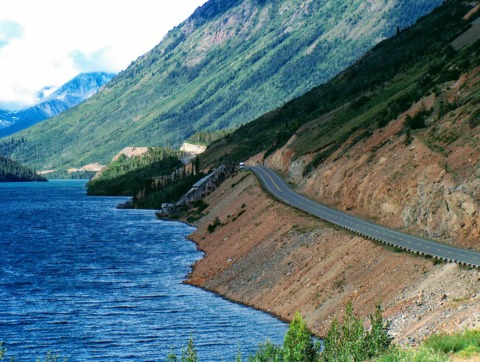 Klondike Highway along Windy arm of Tagish Lake and remnants of old silver mining